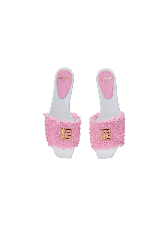 Balmain Flat Shoes Women Dafne Leather And Tweed Mules Pink