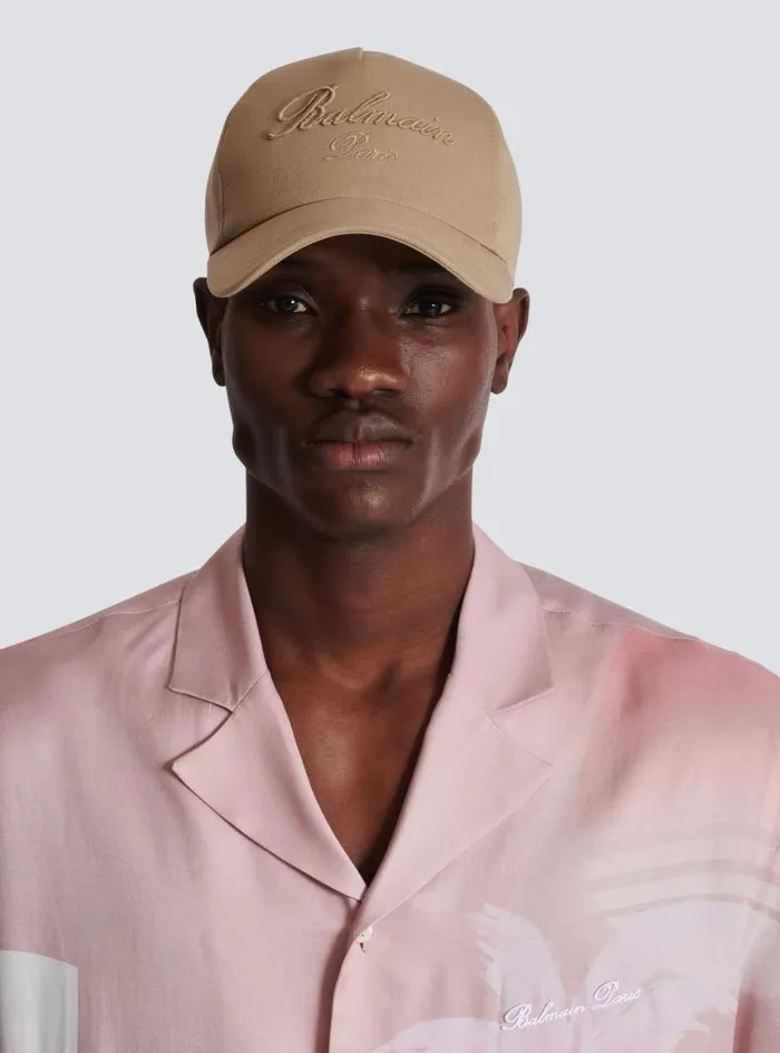 Balmain Hats And Caps Men Cotton Cap With Signature Embroidery Beige