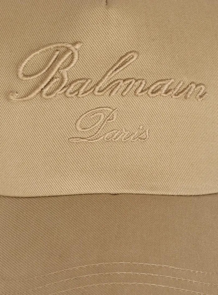 Balmain Hats And Caps Men Cotton Cap With Signature Embroidery Beige