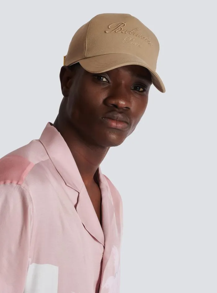 Balmain Hats And Caps Men Cotton Cap With Signature Embroidery Beige