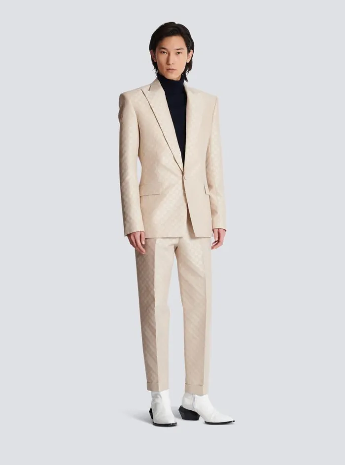 Balmain Jackets And Blazers Men 1button Jacket In PB Labyrinth Jacquard Beige