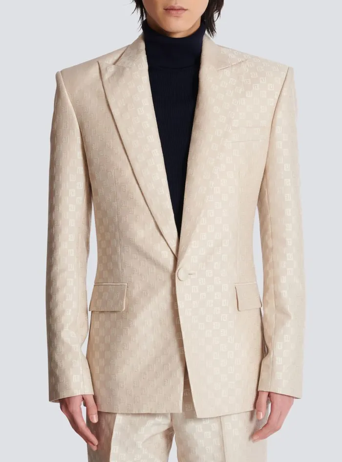 Balmain Jackets And Blazers Men 1button Jacket In PB Labyrinth Jacquard Beige