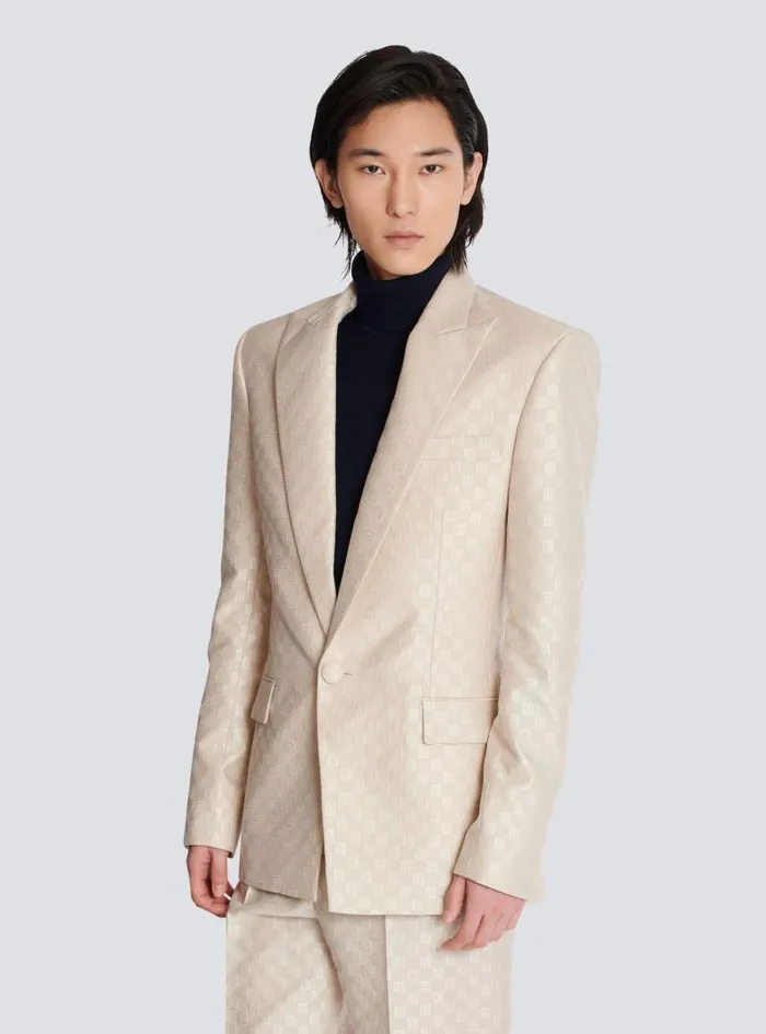 Balmain Jackets And Blazers Men 1button Jacket In PB Labyrinth Jacquard Beige