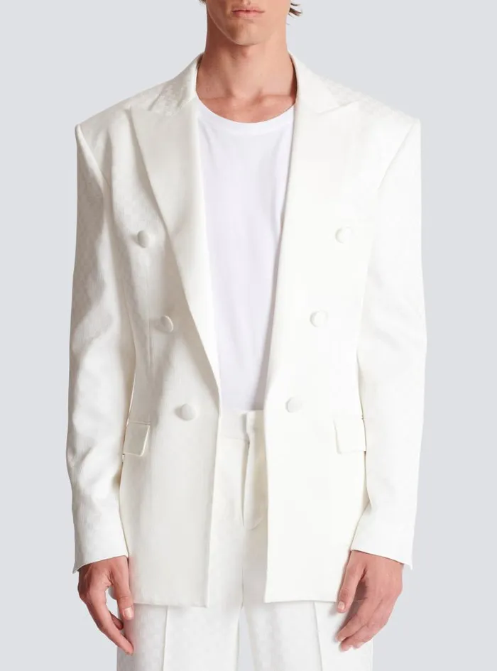 Balmain Jackets And Blazers Men 6button Monogram Satin Jacket White