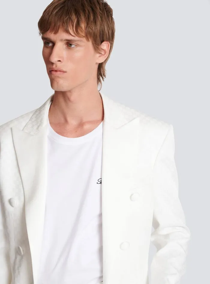 Balmain Jackets And Blazers Men 6button Monogram Satin Jacket White