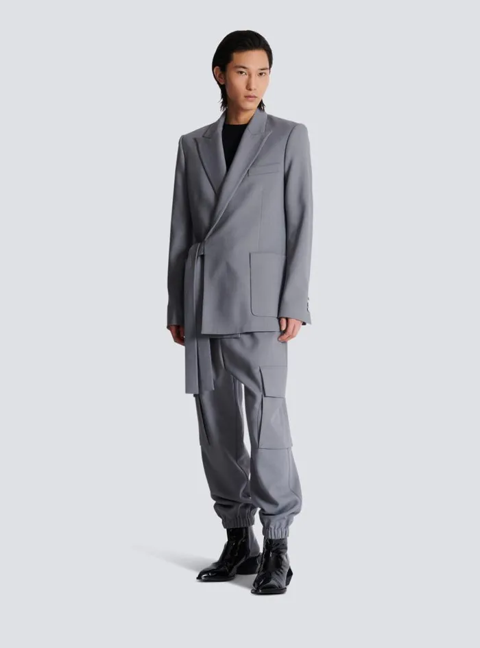 Balmain Jackets And Blazers Men Belted Asymmetrical Jacket In Double Crepe Grey Balmain Jackets And Blazers Men Belted Asymmetrical Jacket In Double Crepe Grey