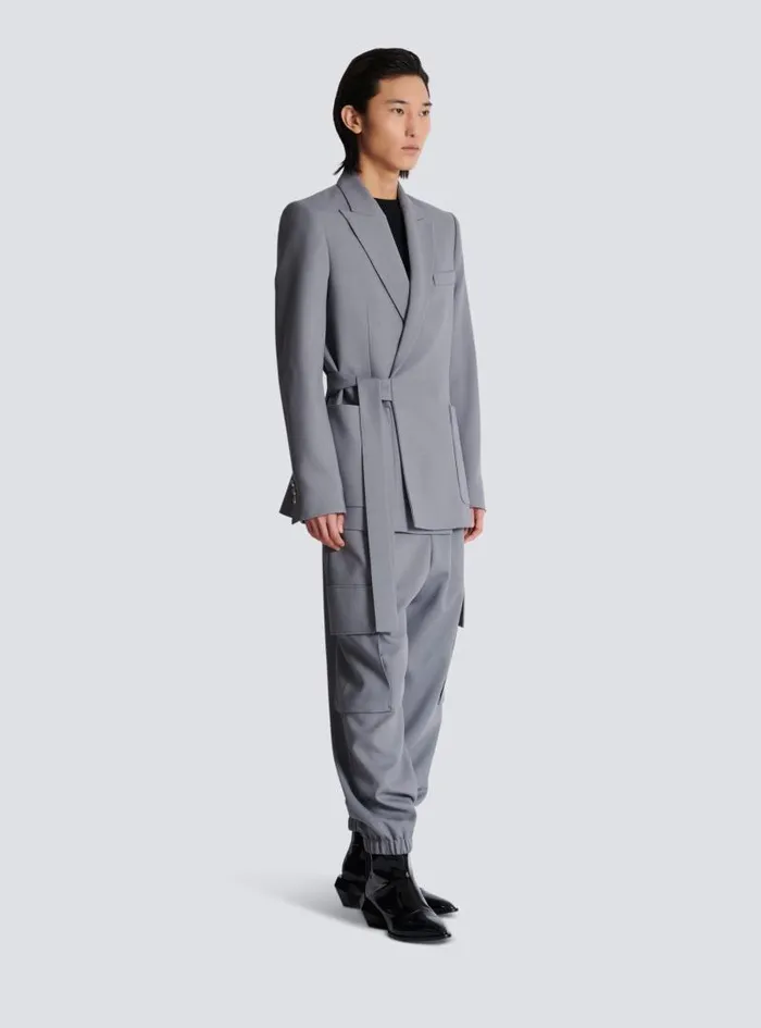 Balmain Jackets And Blazers Men Belted Asymmetrical Jacket In Double Crepe Grey