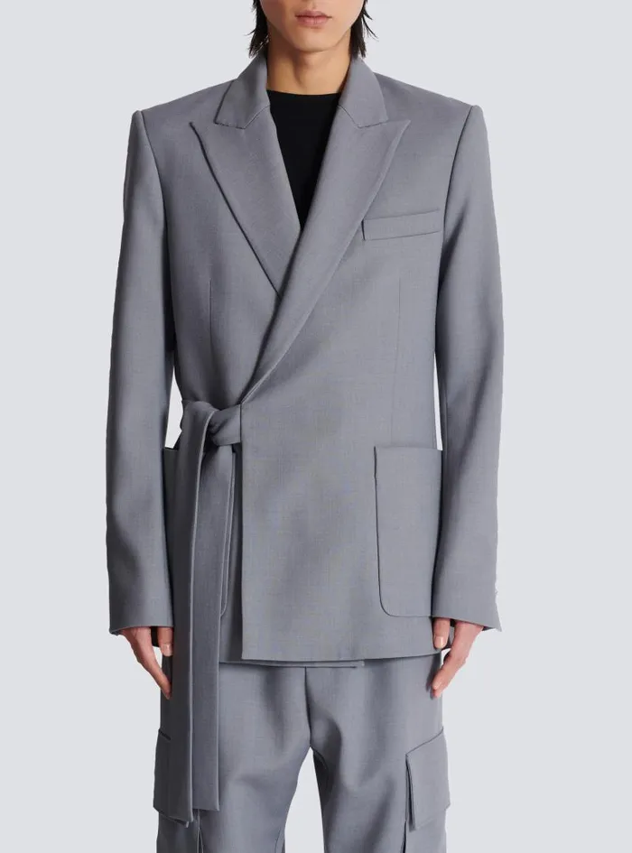 Balmain Jackets And Blazers Men Belted Asymmetrical Jacket In Double Crepe Grey