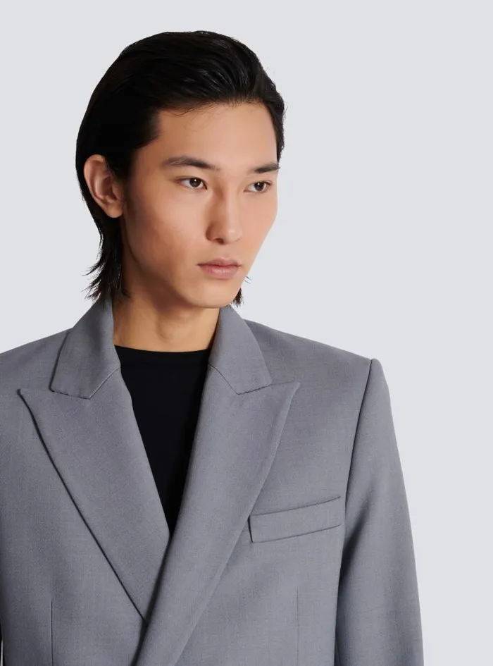 Balmain Jackets And Blazers Men Belted Asymmetrical Jacket In Double Crepe Grey