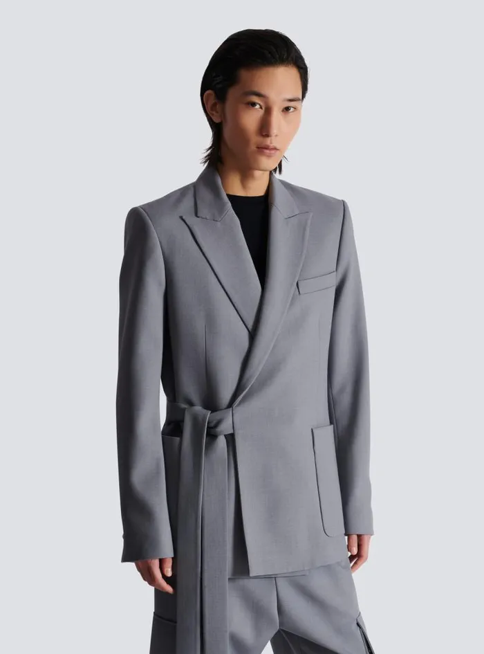 Balmain Jackets And Blazers Men Belted Asymmetrical Jacket In Double Crepe Grey