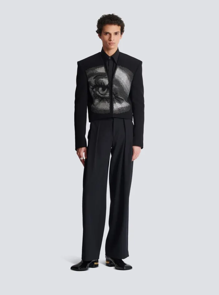Balmain Jackets And Blazers Men Cropped Crepe Jacket With Crystals In An Eye Motif Black Balmain Jackets And Blazers Men Cropped Crepe Jacket With Crystals In An Eye Motif Black