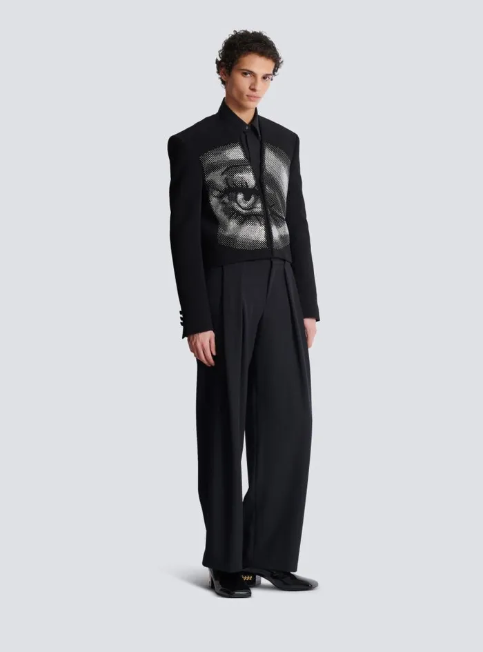 Balmain Jackets And Blazers Men Cropped Crepe Jacket With Crystals In An Eye Motif Black