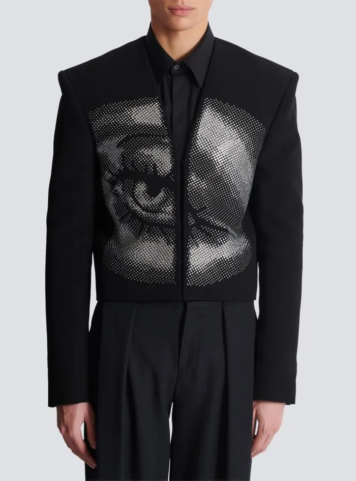 Balmain Jackets And Blazers Men Cropped Crepe Jacket With Crystals In An Eye Motif Black
