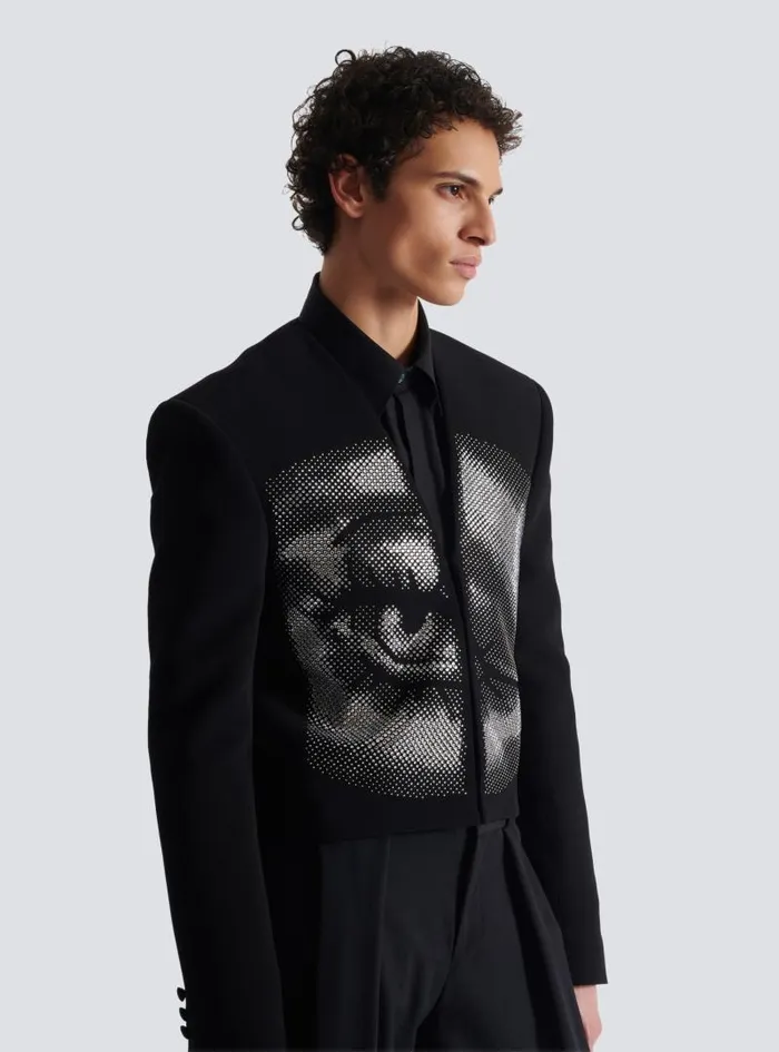 Balmain Jackets And Blazers Men Cropped Crepe Jacket With Crystals In An Eye Motif Black
