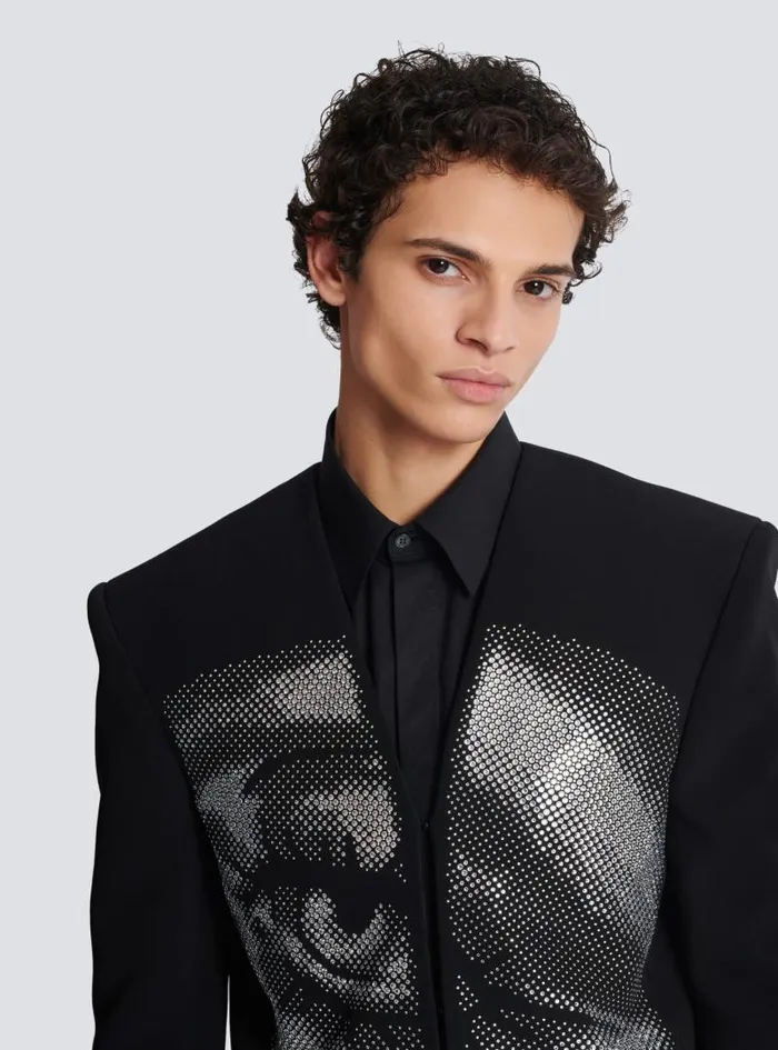 Balmain Jackets And Blazers Men Cropped Crepe Jacket With Crystals In An Eye Motif Black