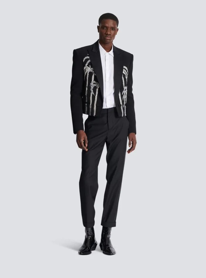 Balmain Jackets And Blazers Men Cropped Crepe Jacket With Palm Tree Embroidery Black Balmain Jackets And Blazers Men Cropped Crepe Jacket With Palm Tree Embroidery Black