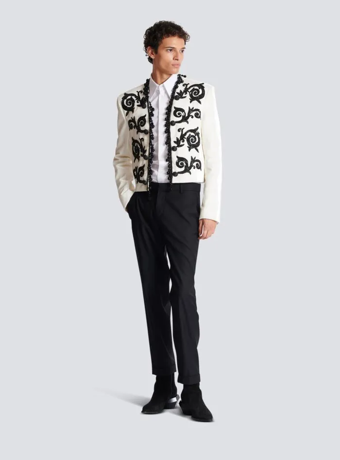 Balmain Jackets And Blazers Men Embroidered Velvet Spencer Jacket White