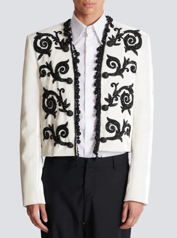Balmain Jackets And Blazers Men Embroidered Velvet Spencer Jacket White