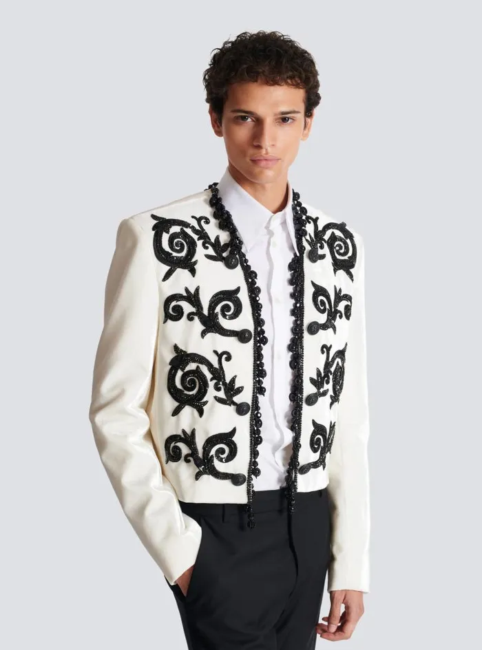 Balmain Jackets And Blazers Men Embroidered Velvet Spencer Jacket White