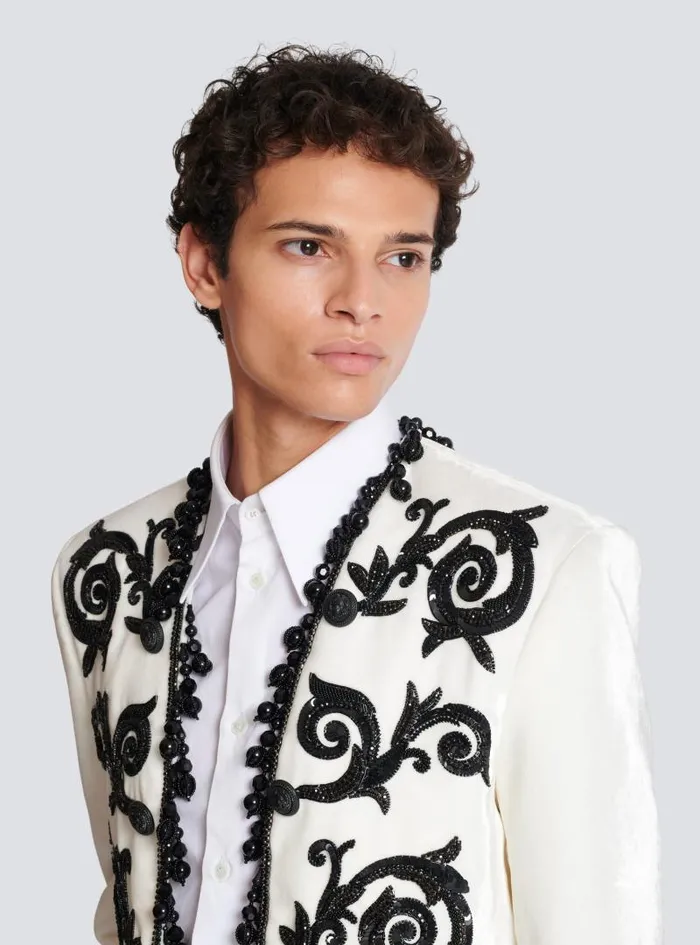 Balmain Jackets And Blazers Men Embroidered Velvet Spencer Jacket White