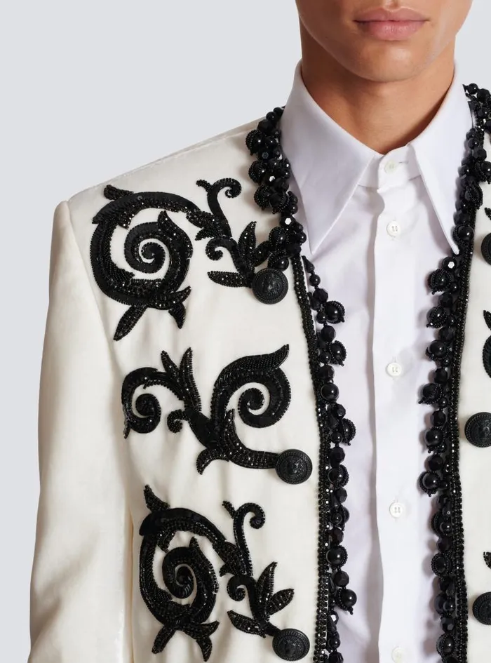 Balmain Jackets And Blazers Men Embroidered Velvet Spencer Jacket White