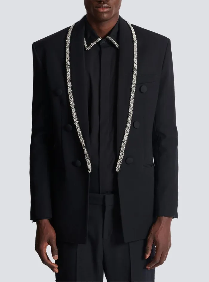 Balmain Jackets And Blazers Men Grain De Poudre Jacket With Embroidered Collar Black