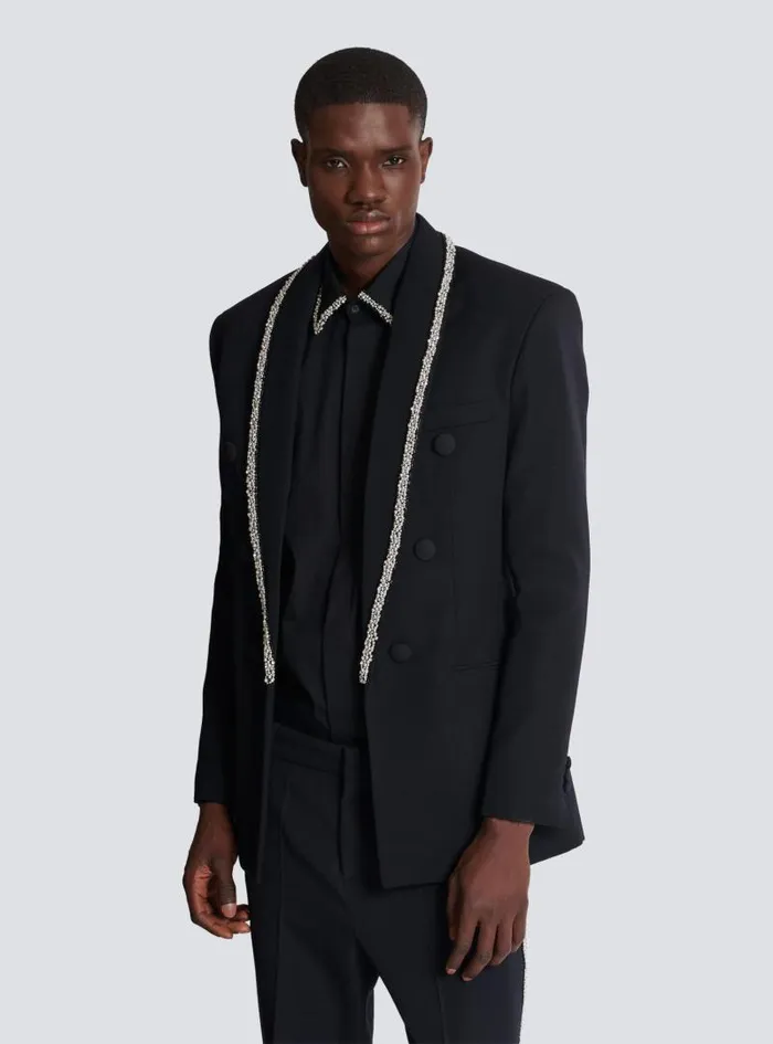 Balmain Jackets And Blazers Men Grain De Poudre Jacket With Embroidered Collar Black