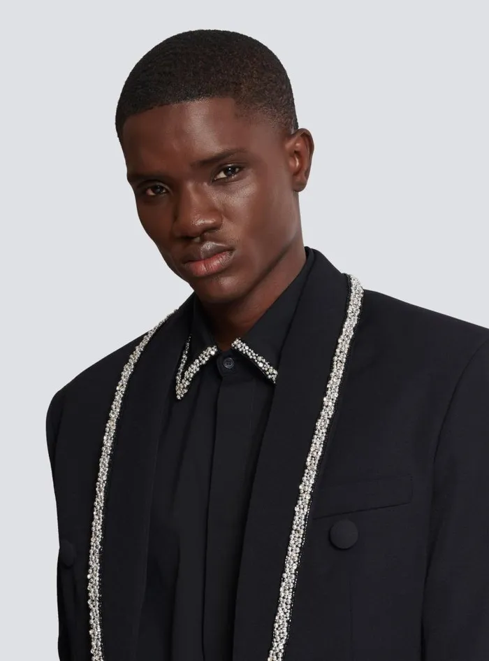 Balmain Jackets And Blazers Men Grain De Poudre Jacket With Embroidered Collar Black