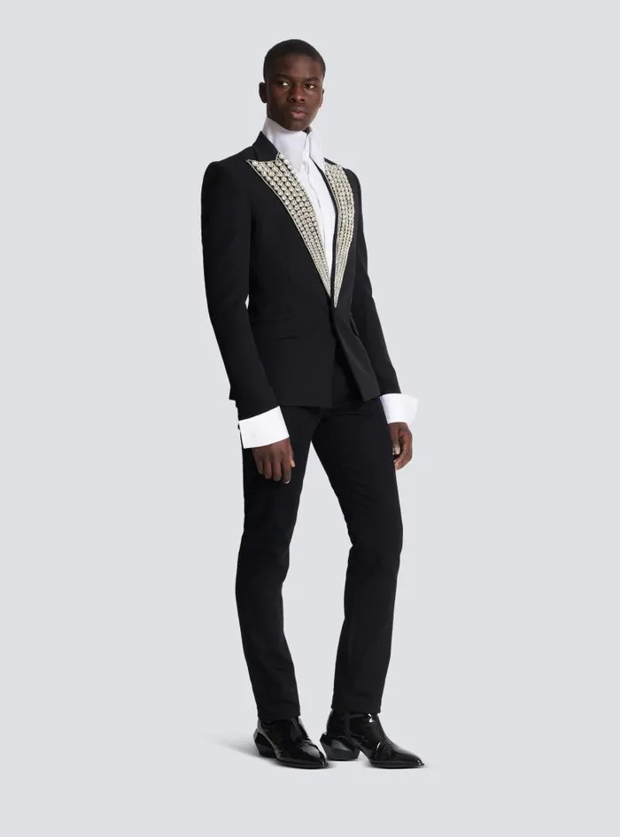 Balmain Jackets And Blazers Men Jacket With Crystalembellished Collar Silver