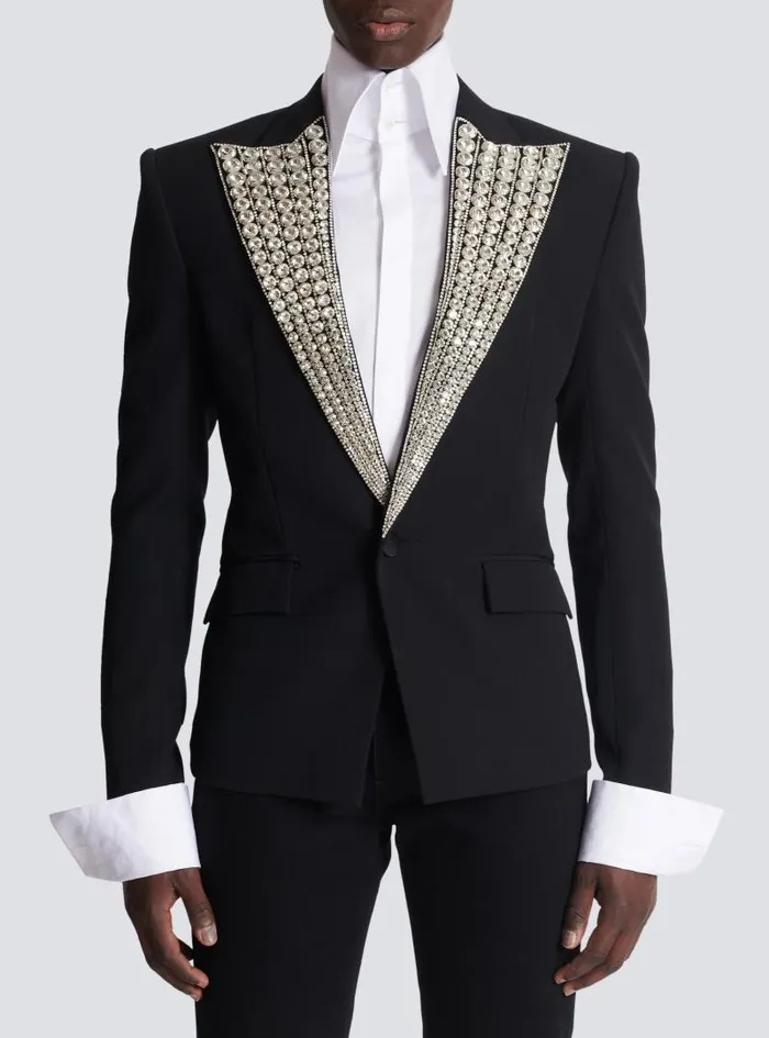 Balmain Jackets And Blazers Men Jacket With Crystalembellished Collar Silver