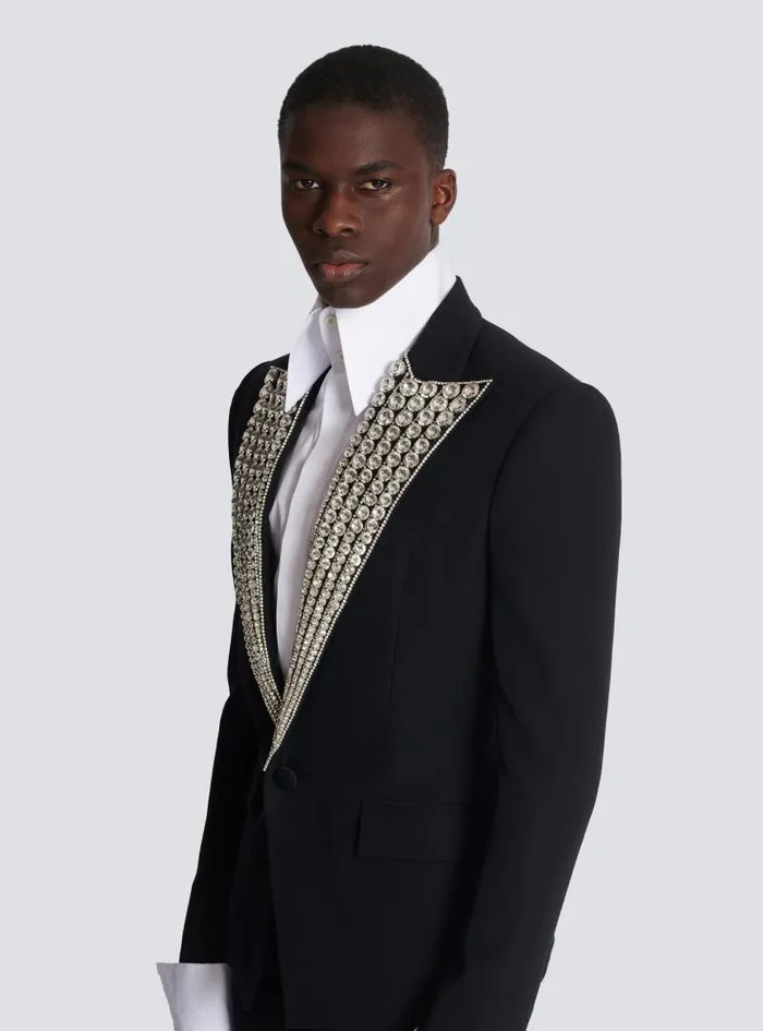 Balmain Jackets And Blazers Men Jacket With Crystalembellished Collar Silver