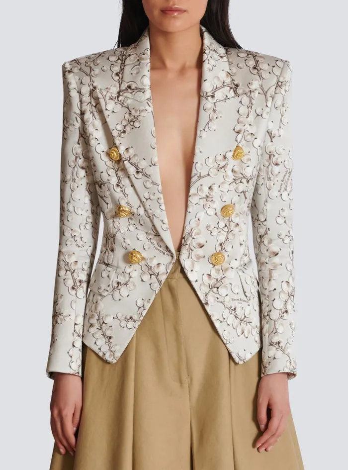 Balmain Jackets And Blazers Women 6button Satin Jacket With Redcurrant Print Beige