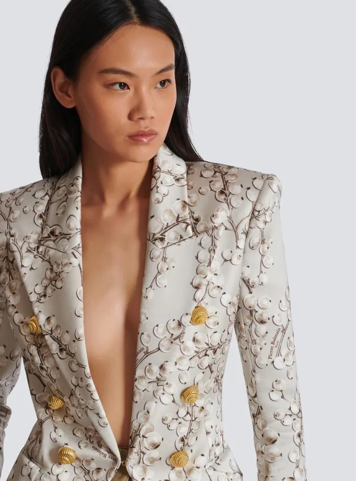 Balmain Jackets And Blazers Women 6button Satin Jacket With Redcurrant Print Beige