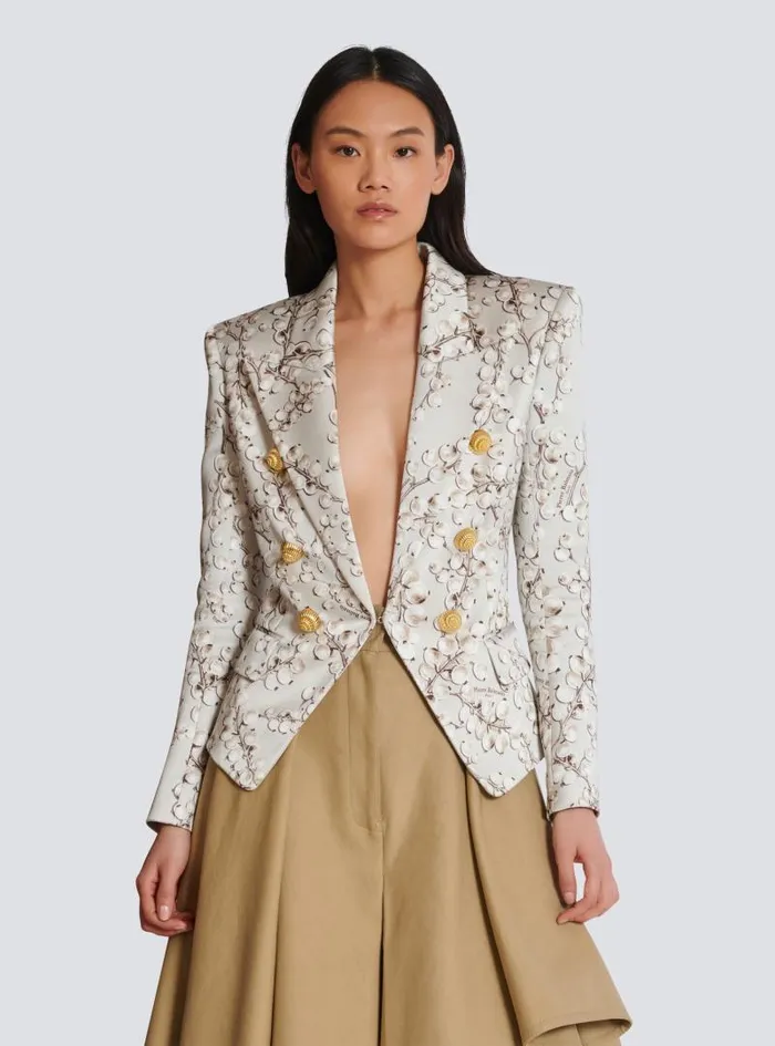 Balmain Jackets And Blazers Women 6button Satin Jacket With Redcurrant Print Beige