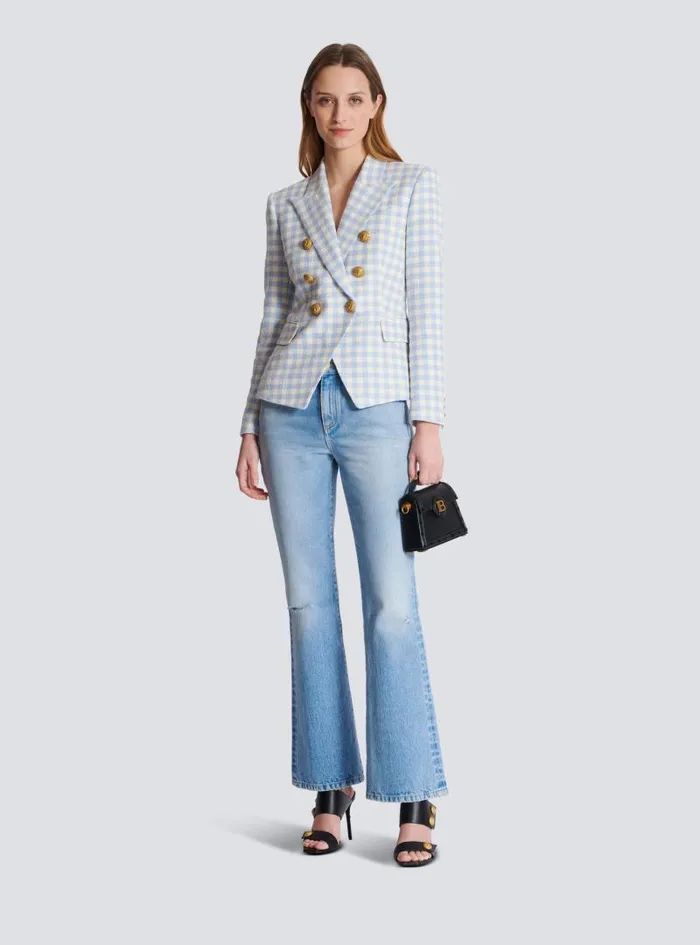 Balmain Jackets And Blazers Women Gingham Tweed 6button Jacket Blue