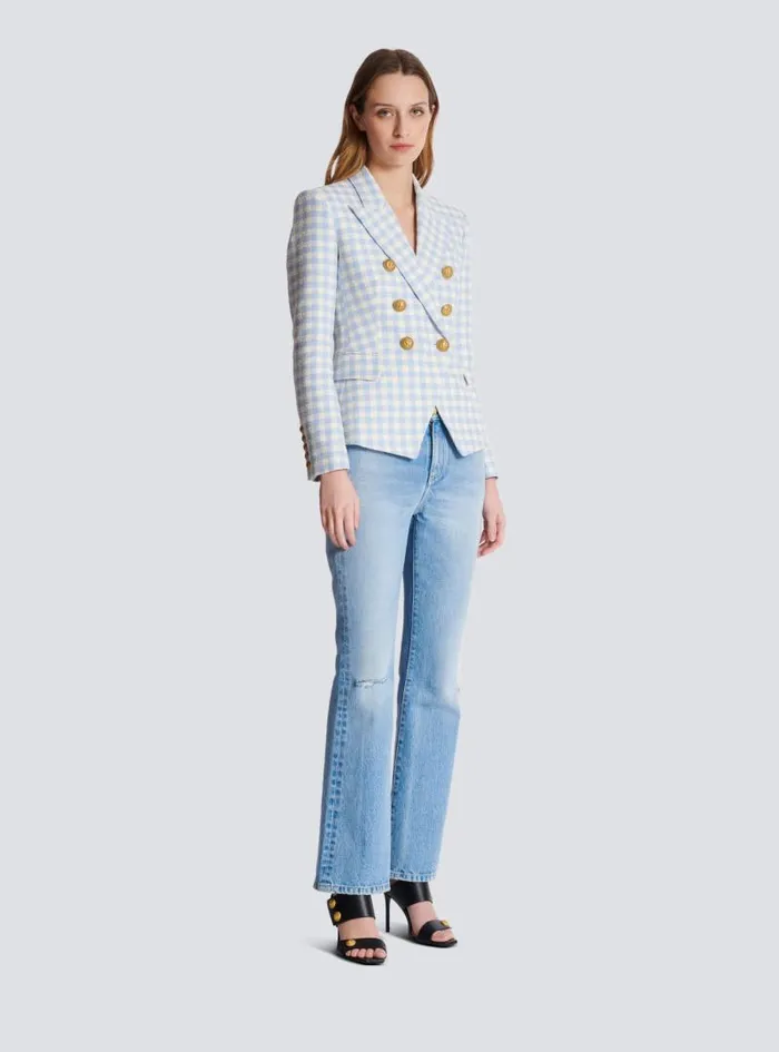 Balmain Jackets And Blazers Women Gingham Tweed 6button Jacket Blue