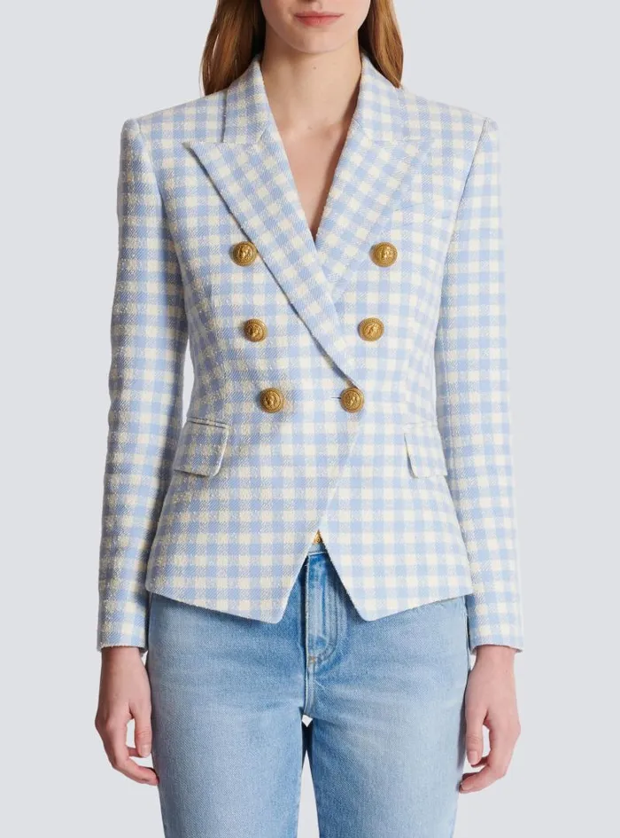Balmain Jackets And Blazers Women Gingham Tweed 6button Jacket Blue