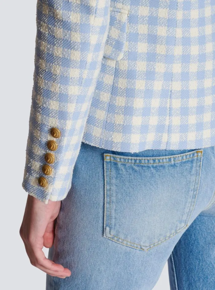Balmain Jackets And Blazers Women Gingham Tweed 6button Jacket Blue