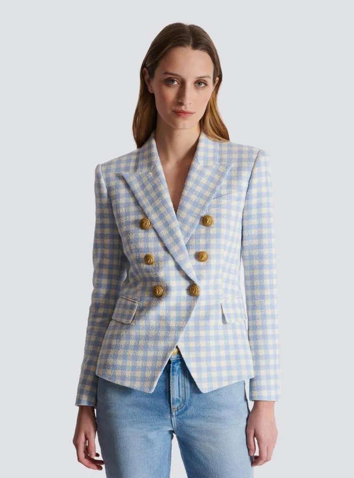 Balmain Jackets And Blazers Women Gingham Tweed 6button Jacket Blue