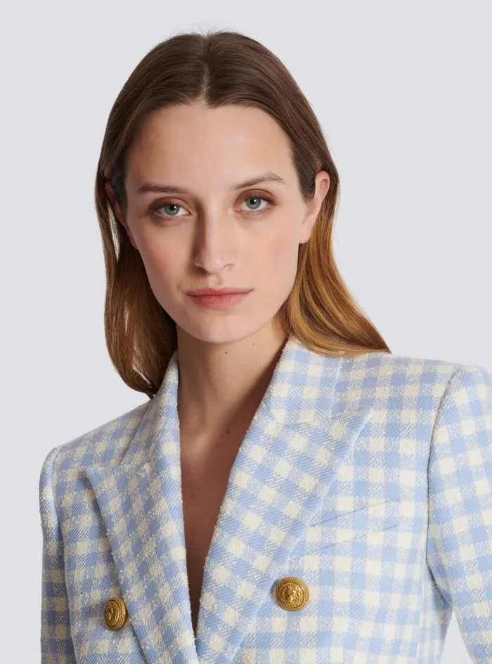Balmain Jackets And Blazers Women Gingham Tweed 6button Jacket Blue