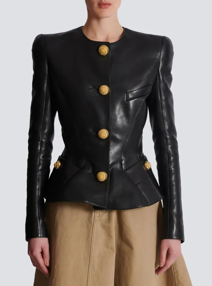Balmain Jackets And Blazers Women Lambskin Leather Peplum Jacket Black
