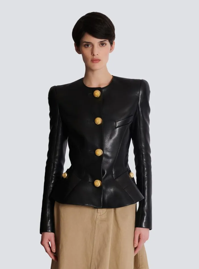 Balmain Jackets And Blazers Women Lambskin Leather Peplum Jacket Black