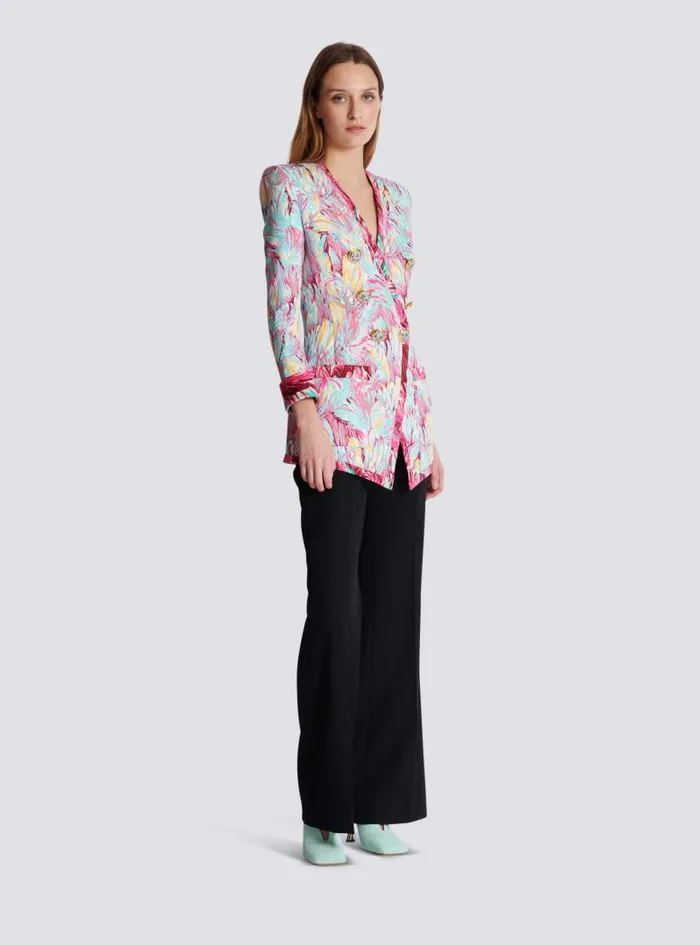 Balmain Jackets And Blazers Women Long 6button Jacket With Feather Print Multicolor