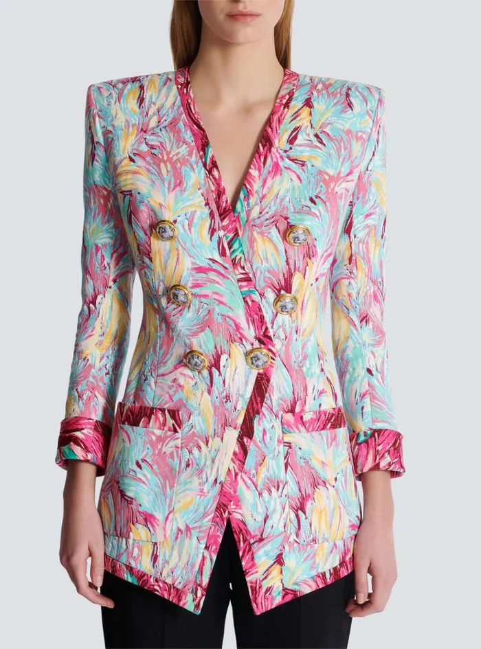 Balmain Jackets And Blazers Women Long 6button Jacket With Feather Print Multicolor