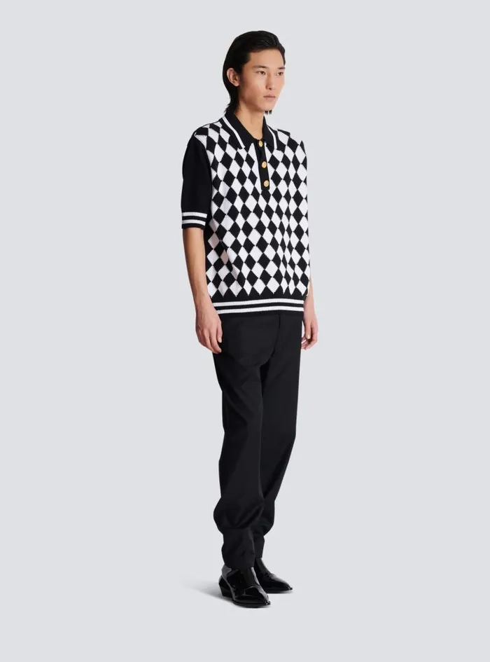 Balmain Knitwear Men Diamond Polo Shirt In Twotone Cotton Black