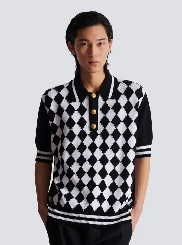 Balmain Knitwear Men Diamond Polo Shirt In Twotone Cotton Black
