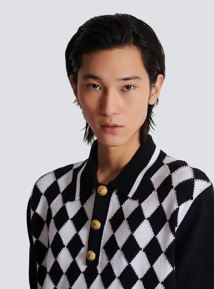 Balmain Knitwear Men Diamond Polo Shirt In Twotone Cotton Black
