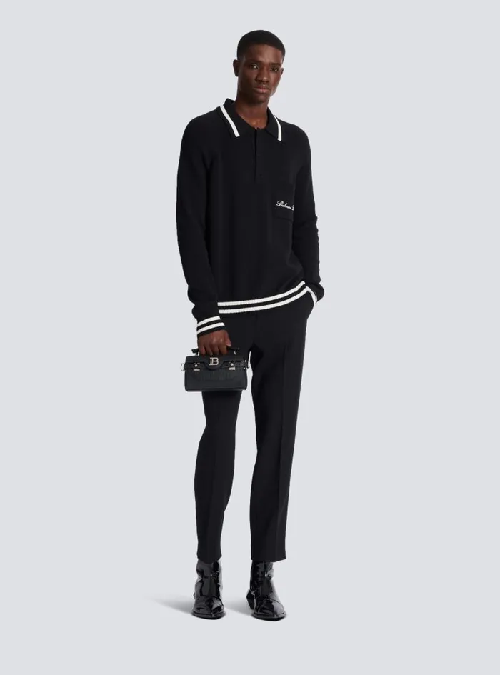 Balmain Knitwear Men Longsleeved Wool Polo Shirt With Embroidery Black