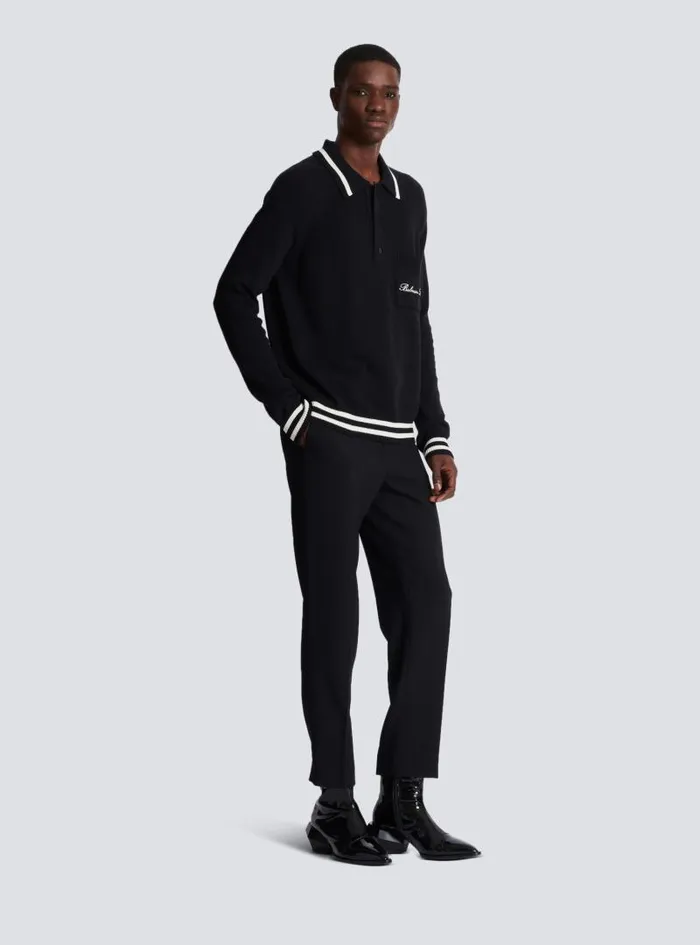Balmain Knitwear Men Longsleeved Wool Polo Shirt With Embroidery Black