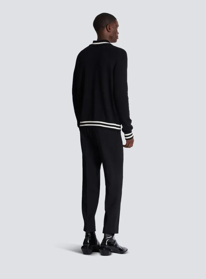 Balmain Knitwear Men Longsleeved Wool Polo Shirt With Embroidery Black
